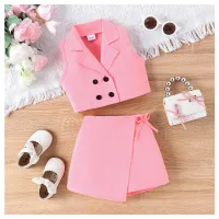 Children's Korean style multi-color vest suit + short skirt  Pink