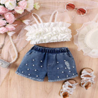 Children's clothing pleated tube top suspender top ripped denim shorts small and medium girls suit  White