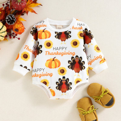 Baby Thanksgiving Day Letter and Turkey Pattern Long Sleeve Romper