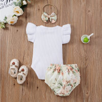 Round neck lotus leaf sleeves striped harem dress floral pants for girls with flying sleeves harem cover pants  White