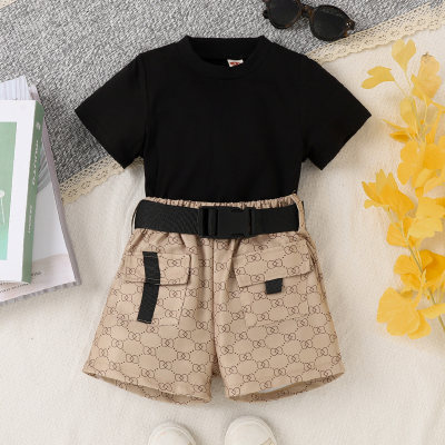 3-piece Toddler Girl Solid Color Short Sleeve T-shirt & Allover Printing Shorts & Belt