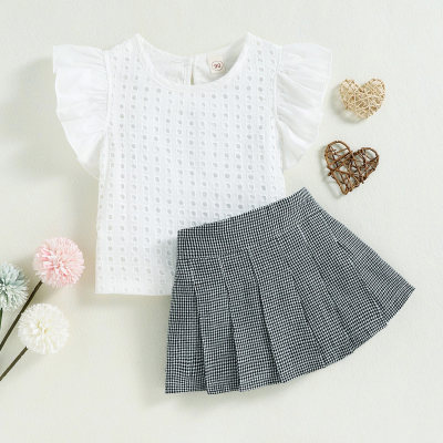 Toddler Girl Solid Hollow Out Top & Houndstooth Pleated Skirt
