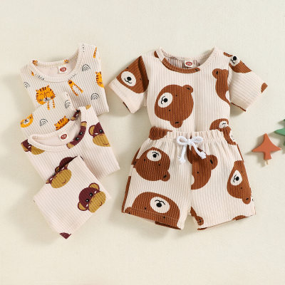 Camiseta y shorts de manga corta con estampado de animales en canalé para bebé