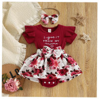 Mameluco con falda con estampado de flores y mangas voladoras a rayas con letras para bebés y niños pequeños  borgoña