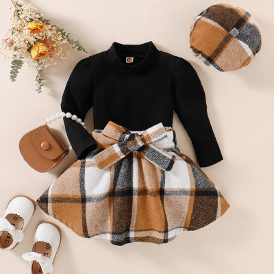 3-piece Toddler Girl Pure Cotton Solid Color Mock Neck Gigot Sleeve Top & Plaid Bowknot Decor Skirt & Matching Beret