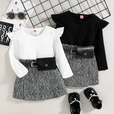 2-piece Toddler Girl Solid Color Ribbed Long Fly Sleeve Top & Plaid A-line Skirt