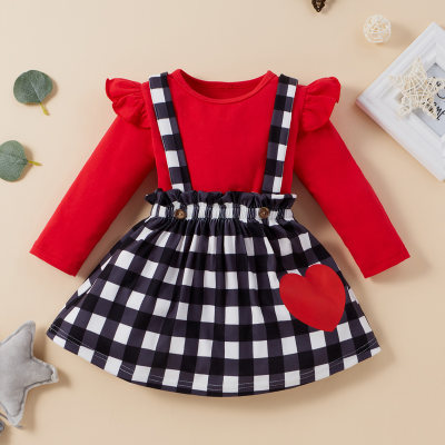2-piece Toddler Girl Pure Cotton Solid Color Long Fly Sleeve Top & Plaid Heart Pattern Suspender Dress