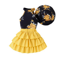 Conjunto para niña (top sin mangas con cuello halter estampado para niños pequeños y medianos + falda de pastel + sombrero)  Amarillo