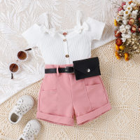 Camiseta de manga corta, pantalones cortos y riñonera de 3 piezas para niña pequeña de color sólido acanalado con hombros descubiertos  Blanco