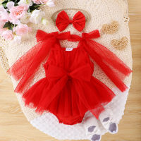 Infant and Toddler Mesh Suspender Skirt Bowknot Multicolor Tie-up Skirt Mesh Romper  Red