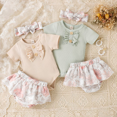 Baby Girl 3 Pieces Solid Color Bodysuit & Floral Pattern Skirts & Headband