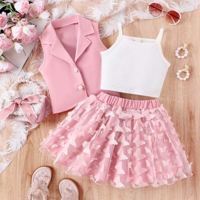 Spring and summer children's camisole + butterfly mesh skirt + sleeveless suit jacket for girls