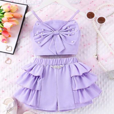 Summer Girls Suit Small and Medium Children Bow Pearl Suspenders with Lace Shorts