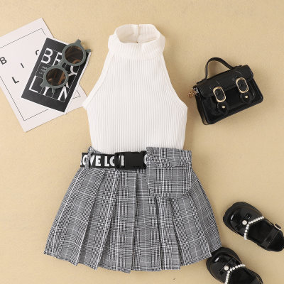 2-piece Toddler Girl Solid Color Ribbed Halter Neck Top & Plaid Letter Pattern Patchwork Skirt