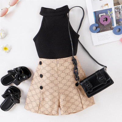 2-piece Toddler Girl Solid Color Halted Neck Top & Allover Printing Button Front Shorts