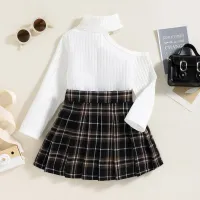 Toddler Solid Color Off Shoulder T-shirt & Plaid Skirt  White