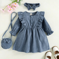 3-piece Toddler Girl Corduroy Solid Color Ruffled Button Front Long Sleeve Dress & Bowknot Headwrap & Bowknot Decor Crossbody Shoulder Bag  Deep Blue