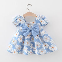 فستان بناتي من القطن بأكمام قصيرة مزين بفيونكة بنقشة زهور وياقة مربعة  أزرق