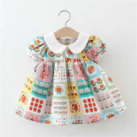 Toddler Girl Pure Cotton Lapel Patchwork Allover Printing Short Sleeve Dress  multicolor