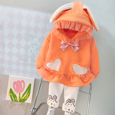 2-Piece Toddler Girl Cute Rabbit Shape Hooded Winter Style Thickened Tops & Plus Velvet Pants