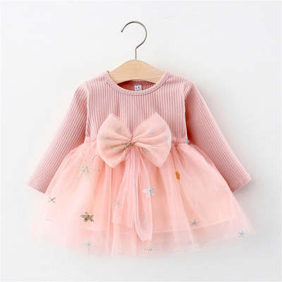 Toddler Girl 100% Cotton Solid Color Ribbed Mesh Patchwork Bowknot Decor Long Sleeve A-line Dress