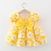 فستان بناتي من القطن بأكمام قصيرة مزين بفيونكة بنقشة زهور وياقة مربعة  أصفر