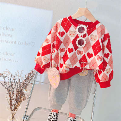 Sweat-shirt 2 pièces à motif cœur et carreaux à blocs de couleur pour toute-petite fille et pantalon de couleur unie