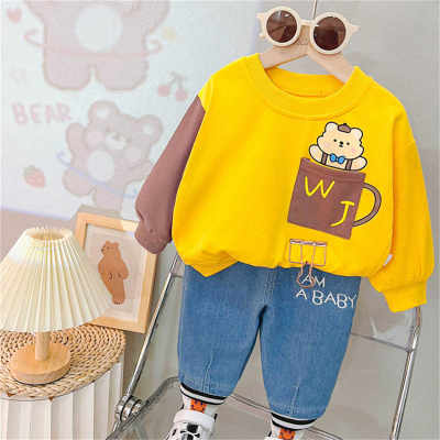 2 peças para criança menino casual urso contraste cor costura top de manga comprida e calça jeans