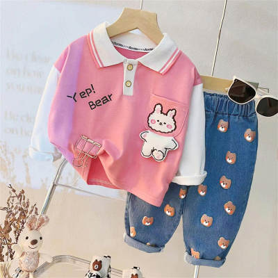 Camisa pólo de manga comprida com estampa de urso e letras coloridas para meninas de 2 peças e calça combinando
