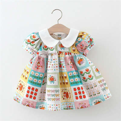 Toddler Girl Pure Cotton Lapel Patchwork Allover Printing Short Sleeve Dress
