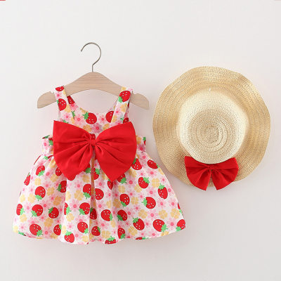 Vestido sin mangas con decoración de lazo con estampado de fresas de algodón puro para niña pequeña de 2 piezas y sombrero a juego