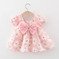 Toddler Girl Pure Cotton Allover Floral Pattern Bowknot Decor Square Neck Short Sleeve Dress  Pink