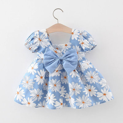 Toddler Girl Pure Cotton Allover Floral Pattern Bowknot Decor Square Neck Short Sleeve Dress