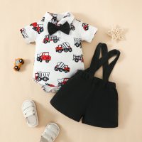 Baby Boy Car Short-sleeved Bow Tie Lapel Triangle Romper + Bib Shorts Set  Black