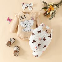 Baby Girl 3 Pieces Letter Elephant Pattern Bodysuit & Butterfly Pattern Pants & Headband  Beige