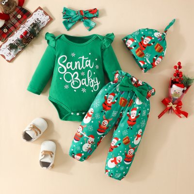 Baby Girl 4 Pieces Christmas Letter Bodysuit & Cartoon Santa Claus Pattern Pants & Headband & Hat