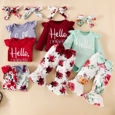 Baby Girl 3 Pieces Letter Printed Bodysuit & Floral Flare Pants & Headband