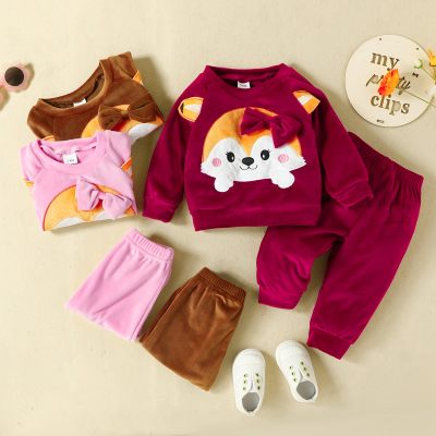 2-piece Baby Girl Solid Color Fox Style Long Sleeve Plush Top & Solid Color Pants