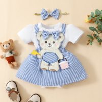 Cute bear baby embroidered short-sleeved triangle dress + headband  Blue