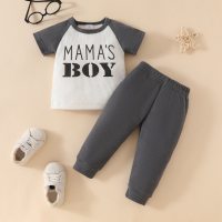 Baby color-blocked letter short-sleeved trousers suit  Light Gray