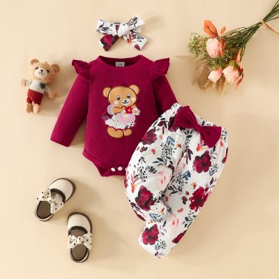 Baby Girl Applique Bear Bodysuit & Floral Pants & Headband