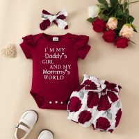 3-piece Baby Girl Letter Printed Short Sleeve Romper & Allover Floral Pattern Shorts & Headwrap  Burgundy
