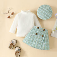 Baby Girl 3 Pieces Solid Color T-shirt & Plaid Skirts & Hat  Green