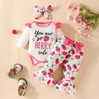 Baby Girl Cute Letter Strawberry Pattern Bodysuit & Bow-knot Decor Flare Pants & Headband  White