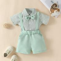 2-piece Baby Boy Plaid Bowtie Decor Short Sleeve Shirt & Solid Color Suspender Shorts  Light Green