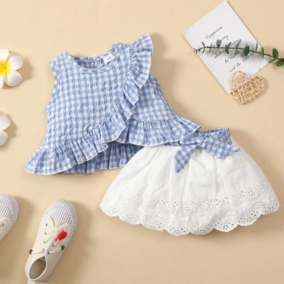 Baby Girl Plaid Fabric Ruffle Top And  Lace Skirt