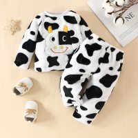 Baby 2 Pieces Cute Animal Cattle Pattern Sweater & Pants  White
