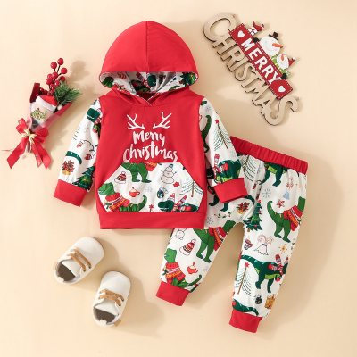 Baby Boy 2 Pieces Christmas Pattern Pocketed Hooded Sweater & Pants