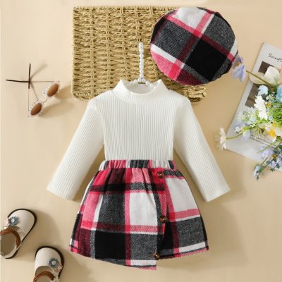 Baby Girl 3 Pieces Solid Color T-shirt & Plaid Pattern Skirt & Hat