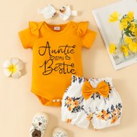 Body de manga con volantes y patrón de letras para bebé niña, pantalones cortos y diadema con estampado floral, 3 piezas  Amarillo